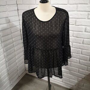 George Ladies Size XL Black w/ Grey & Purple Pattern Loose Fit Sheer Blouse